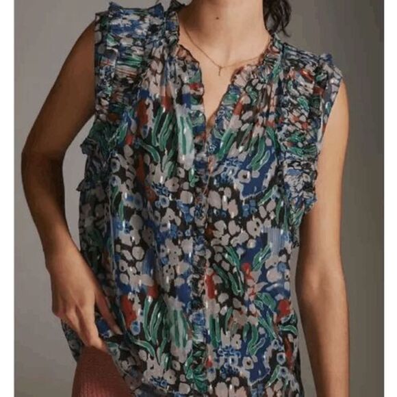Anthropologie Let Me Be Metallic Sheer Floral Preppy Ruffle Career Top size XS - Picture 2 of 11